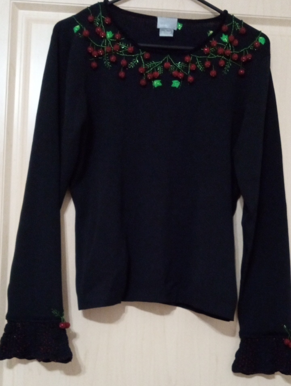 Berek Black Long Sleeve Holiday Sweater with Red Bead & Green Leaf Embroidery